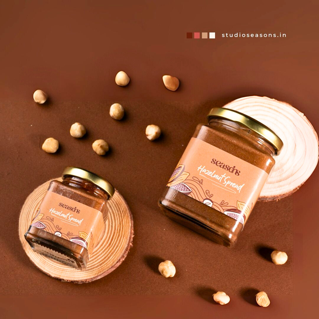 Studio Seasons’ premium hazelnut spread in an elegant glass jar.