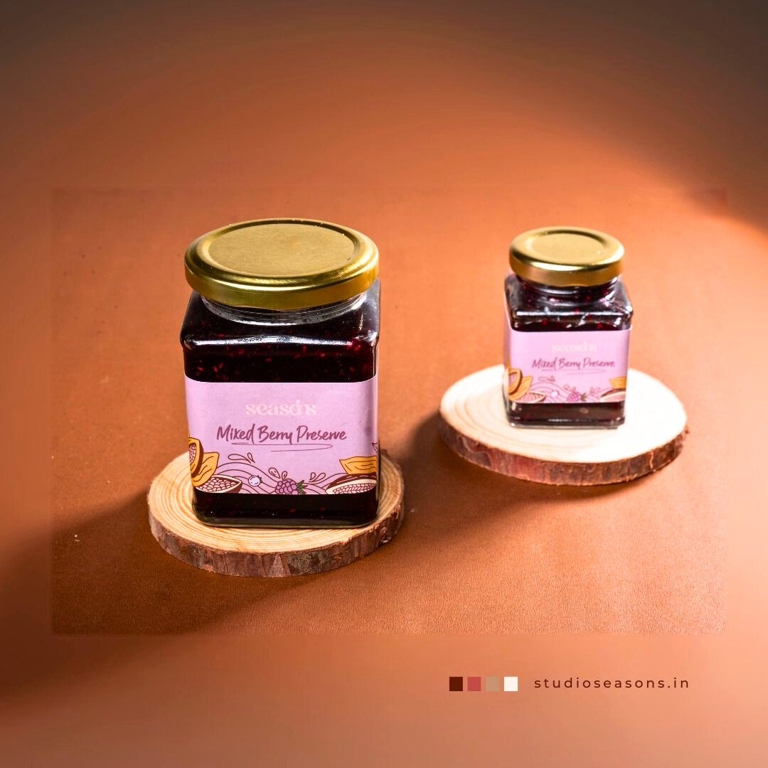 Rich and fruity Mixed Berry Preserve in a glass jar, bursting with real berries