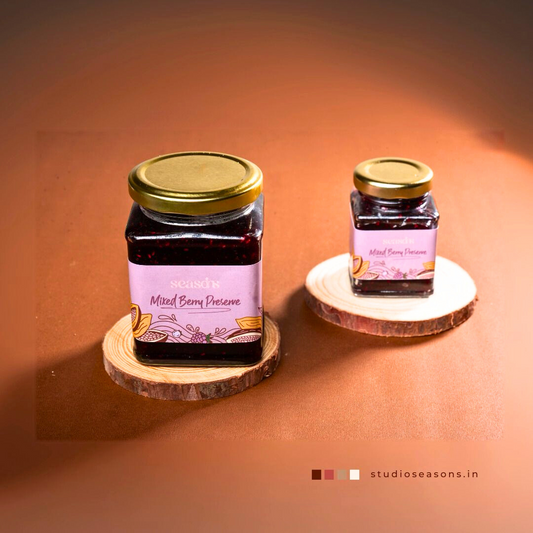 Rich and fruity Mixed Berry Preserve in a glass jar, bursting with real berries