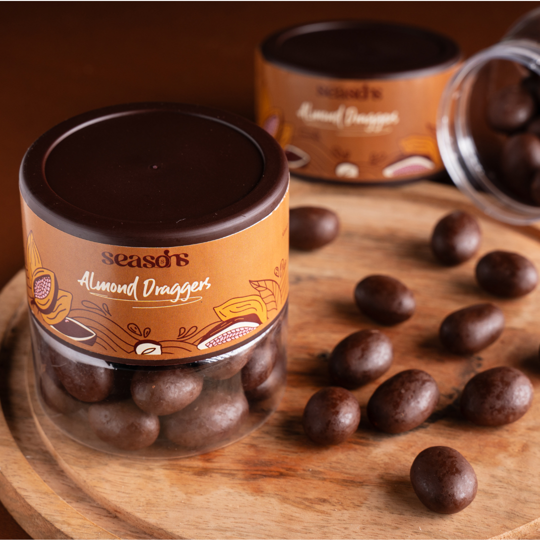 Chocolate-covered crunchy almonds in luxury packaging
